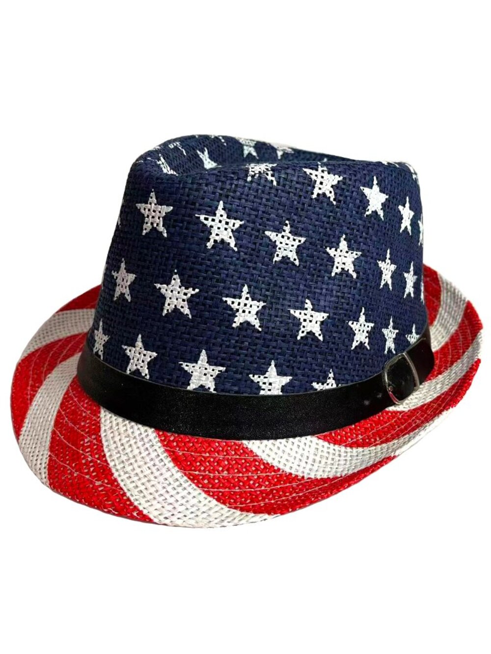 USA Flag Stars Stripe Fedora Straw Belted Hat for Men Women - Blue Red White